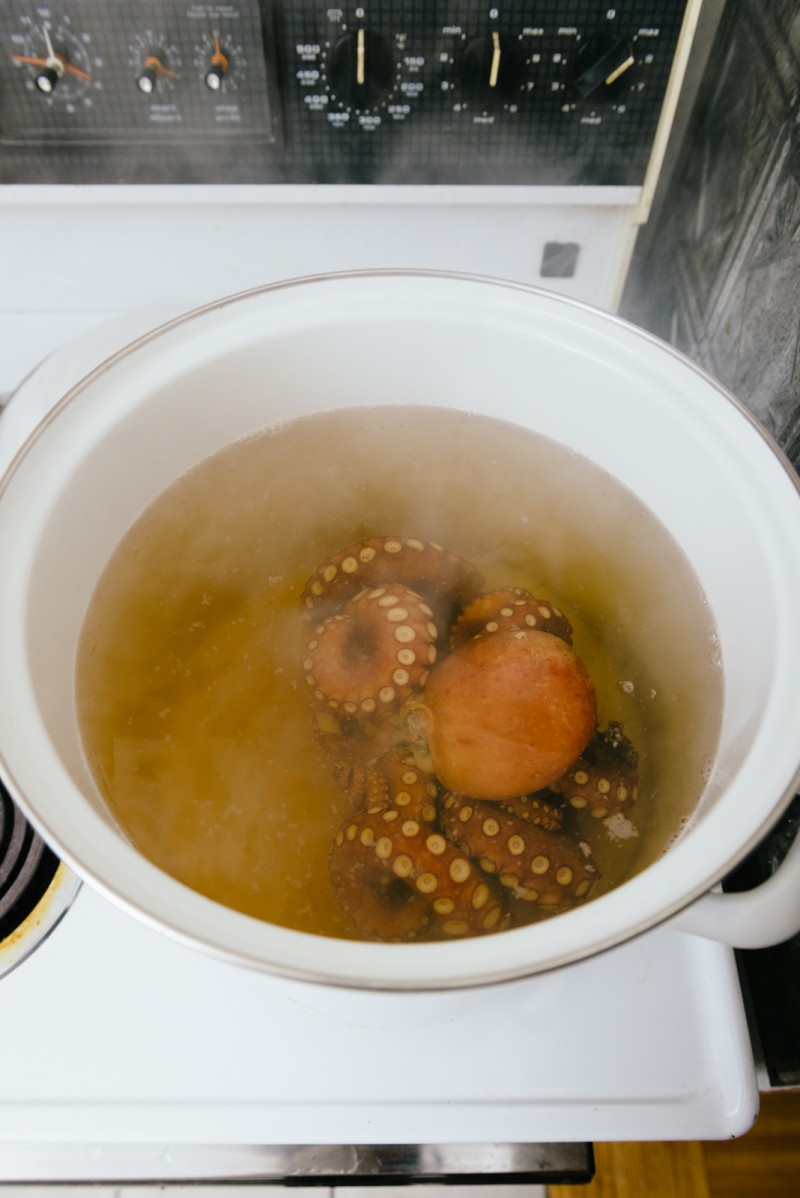 Octopus boiling on the stove