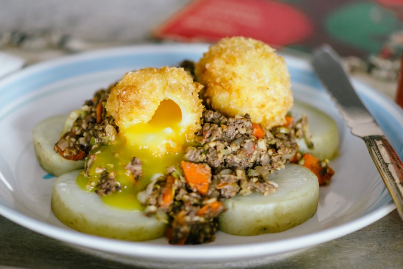 Breaded and Fried Soft-Boiled Duck Eggs with Haggis